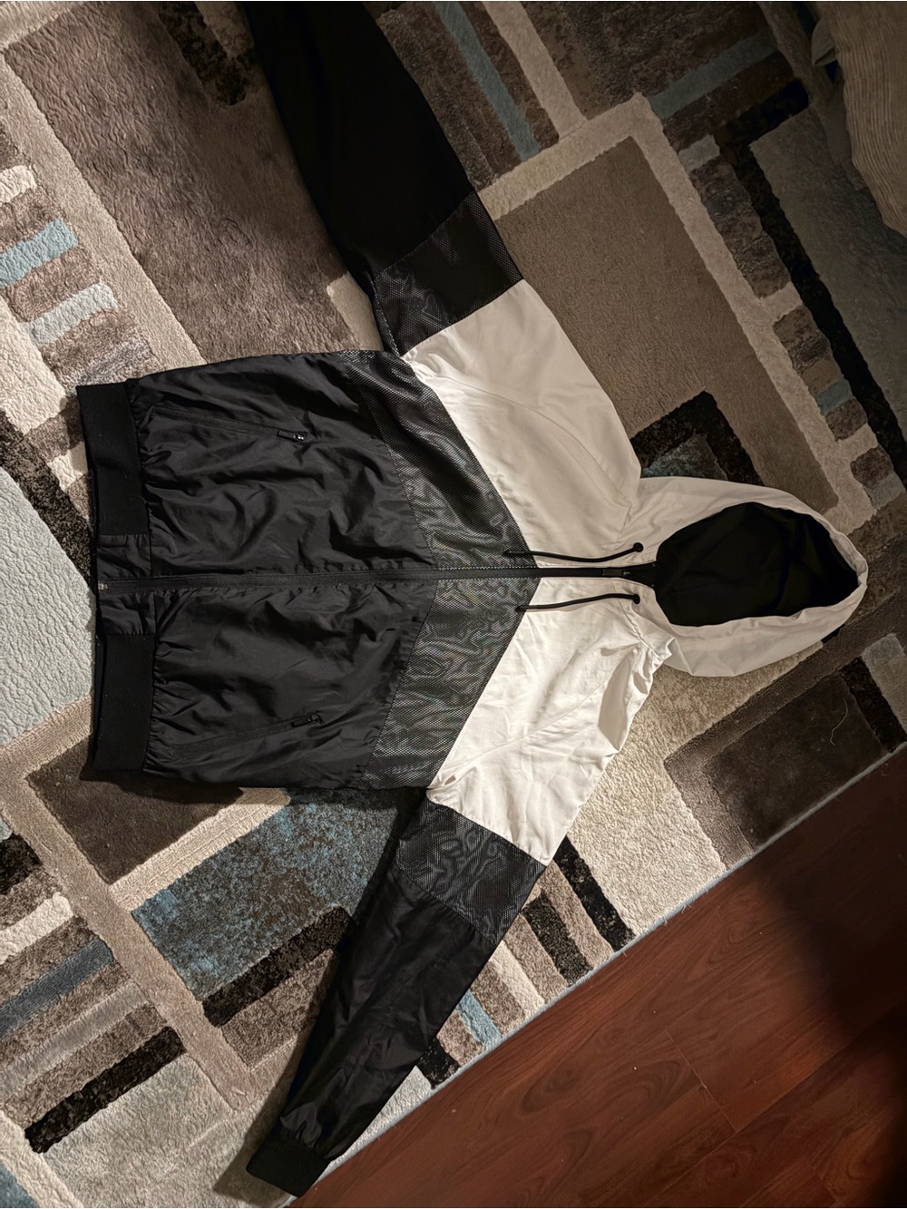 Men's Black & White Hooded Windbreaker Jacket
